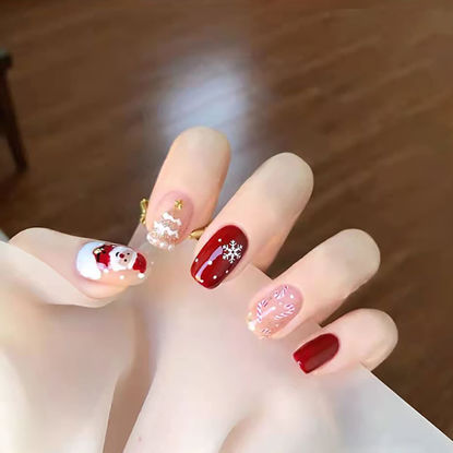 Picture of Christmas Press on Nails Short Square Fake Nails Red Full Cover False Nails with Cute Snowflake Designs Christmas Glue on Nails Santa Claus Acrylic Nails Winter Nail Decorations for Women and Girls