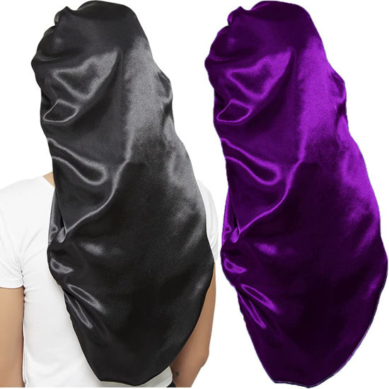 Picture of 2 Pcs Hair Bonnets for Women Satin, Soft Elastic Band Silky Sleeping Cap Big Bonnets for Women Comfortable Bonnet for Braids(Black+Purple)