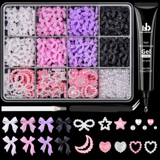 Picture of 600 Pcs 3D Nail Charms and Flatback Pearls #7, 4 Colors Bow + Pink&White Star Heart Moon Cute Charms + 2-6mm White Pearls for Nail Art Design with Nail Charm Glue(UV Needed) and Pickup Tools