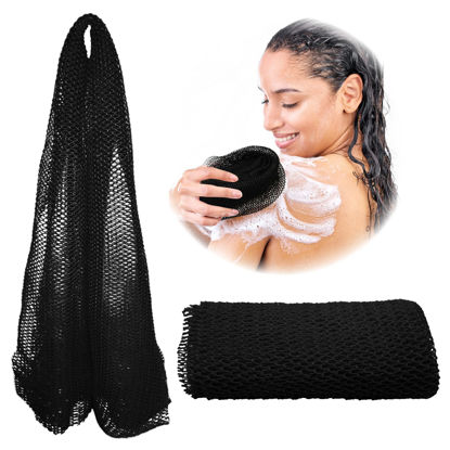 Picture of Adeton African Net Sponge, Authentic, Real, Black Owned, Exfoliating Bath Wash Cloth, Long Sponge, Body Exfoliator, Sapo, Shower Bath Accessories, Back Foot Scalp Scrub, Flat Dead Skin Remover (Black)