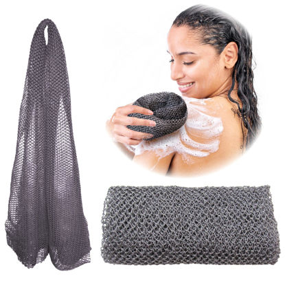 Picture of Adeton African Net Sponge, Authentic, Real, Black Owned, Exfoliating Bath Wash Cloth, Long Sponge, Body Exfoliator, Sapo, Shower Bath Accessories, Back Foot Scalp Scrub, Flat Dead Skin Remover (Grey)