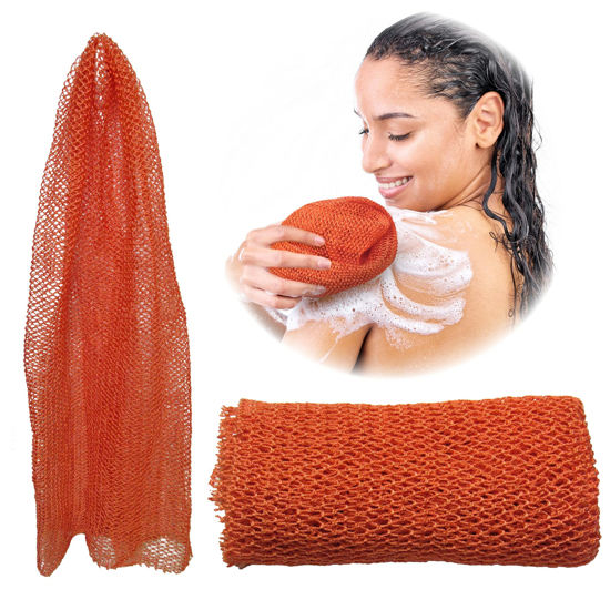 Picture of Adeton African Net Sponge, Exfoliating Body Scrubber, Body Exfoliator, Long Net Sponge, 17 Colors, Sapo, Shower Bath Accessories, Back Foot Scalp Scrub, Flat Dead Skin Remover Body Wash (Peach)