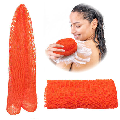 Picture of Adeton African Net Sponge, Exfoliating Body Scrubber, Body Exfoliator, Long Net Sponge, 17 Colors, Sapo, Shower Bath Accessories, Back Foot Scalp Scrub, Flat Dead Skin Remover Body Wash (Orange)