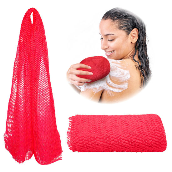 Picture of Adeton African Net Sponge, Exfoliating Wash Cloth, Body Exfoliator, Long Bath Sponge, Real, Authentic, Sapo, Shower Bath Accessories, Back Foot Scalp Scrub, Flat Dead Skin Remover (Candy)