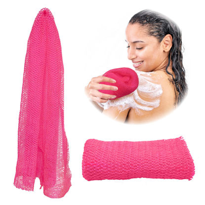 Picture of Adeton African Exfoliating Net Sponge, Authentic, Real, Body Scrubber, Long Bath Wash Cloth, Body Exfoliator, Sapo, Shower Accessories, Back Foot Scalp Scrub, Flat Dead Skin Remover Body Wash (Pink)