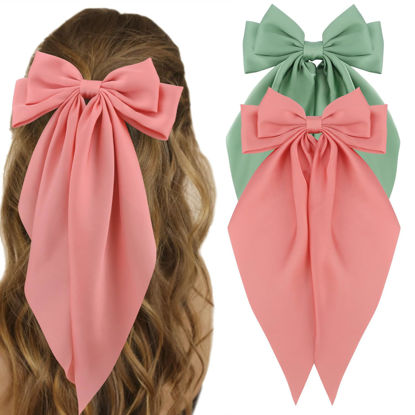 Picture of ATODEN Silky Satin Hair Bows 2Pcs Green Pink Big Hair Bows Hair Ribbons Oversized Long Tail Bow Hair Clips Large Hair Ribbon Barrettes Metal Clips Bowknot Aesthetic Hair Accessories for Women Girls