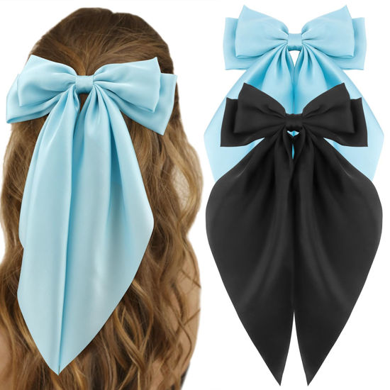 Picture of ATODEN Silky Satin Oversized Bowknot Hair Accessories - Large Metal Clips, 2Pcs Big Black and Blue Barrettes with Long Tail for Aesthetic Girls