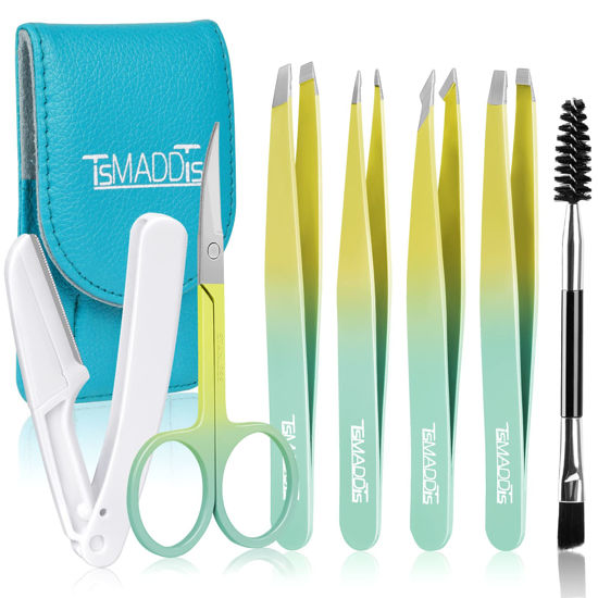 Picture of Eyebrow Tweezer Set, TsMADDTs 7 Pcs Tweezers Set for Women, Precision Tweezer for Eyebrows with Curved Scissors and Eyebrow Razor for Ingrown Hair,Yellow&Green