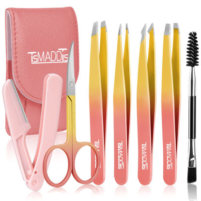 Picture of Eyebrow Tweezer Set, TsMADDTs 7 Pcs Tweezers Set for Women, Precision Tweezer for Eyebrows with Curved Scissors and Eyebrow Razor for Ingrown Hair,Pink&Yellow