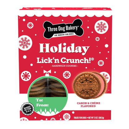 Picture of Three Dog Bakery Holiday Lick'n Crunch, Carob Cookie w/Red Crème, Vanilla Flavored Filling, Premium Treats for Dogs, 13 Ounces Each