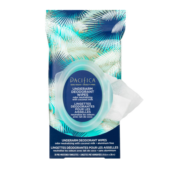 Picture of Pacifica Beauty, Coconut Milk & Essential Oils Underarm Deodorant Wipes, 30 Count, Remove Odor On-The-Go, Aluminum Free, Travel Friendly, Fresh Coconut Scent, Vegan and Cruelty Free