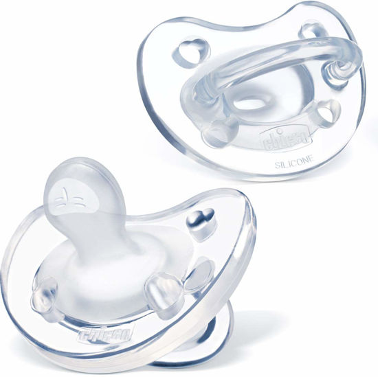 Picture of Chicco PhysioForma 100% Soft Silicone One Piece Pacifier for Babies aged 16-24 months | Orthodontic Nipple Supports Breathing | BPA & Latex Free | Reusable Sterilizing Case | Clear, 2pk