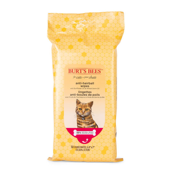 Picture of Burt's Bees for Pets Anti-Hairball Cat Wipes - Grooming Cat Wipes For Hairball Control - Cruelty Free, Formulated without Sulfates and Parabens, pH Balanced for Cats - Made in the USA, 50 Ct