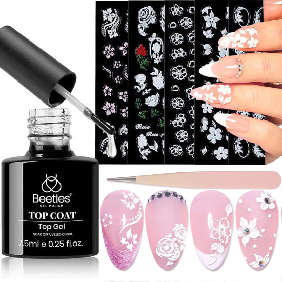 Picture of beetles 5D Nail Art Stickers Decals Gel Top Coat, Embossed Flower Gel Nail Art Design Pegatinas Uñas No Wipe Gel Top Coat Nail Tweezer Manicure Decorations Gift for Women