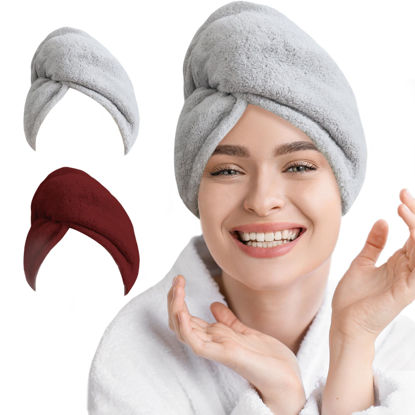 Picture of AGLIFEFY 2 Pack Microfiber Hair Towel Wrap for Women Super Absorbent Quick Dry Hair Turban for Drying Curly, Long & Thick Hair 10 inch X 26 inch Lightgrey+WineRed