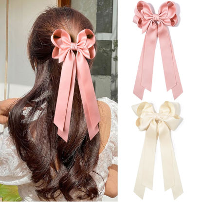 Picture of Aileam Hair Clip 2PCS Beige Pink Hair Bow Ribbon with Metal Clip for Women Girls Toddlers Teens Kids