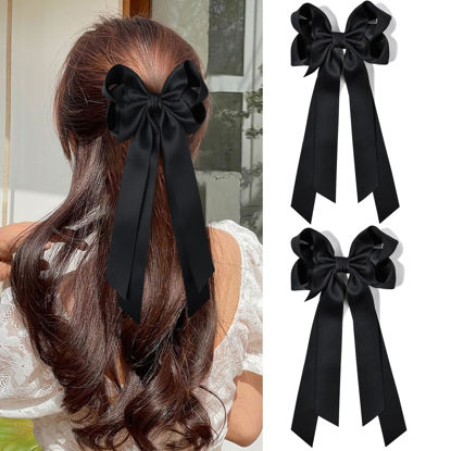 Picture of Aileam Hair Clip, 2PCS Silky Satin Hair Bow for Women Girls Toddlers Teens Kids, Black Hair Ribbon Accessories with Metal Clips, Handmade Hair Bow for All Seasons