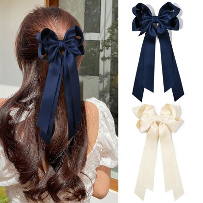 Picture of Aileam Hair Bow Clip, 2PCS Beige & Blue Silky Satin Hair Ribbon Accessories for Women Girls Toddlers Teens Kids Fine Satin Slides Metal Clips Hair Bow