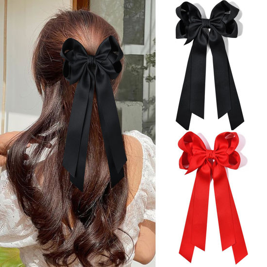 Picture of 2PCS Hair Accessories - Ribbon Slides with Metal Clips in Black and Red for Girls, Toddlers, and Teens