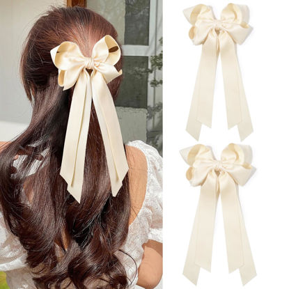 Picture of Aileam Hair Clip, 2PCS Hair Bows for Women Hair Clip Beige Silky Satin Ribbon Accessories with Metal Clips for Women Girls Toddlers Teens Kids