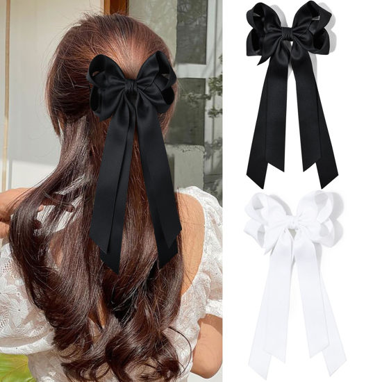 Picture of 2PCS Hair Bows for Women Hair Clip Black White Hair Ribbon Accessories Slides Metal Clips Hair Bow for Women Girls Toddlers Teens Kids