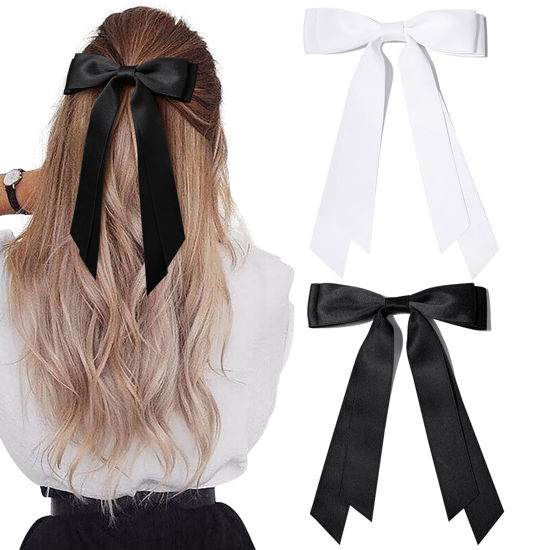 Picture of 2PCS Silky Satin Hair Bows Hair Clip Black White Hair Ribbon Ponytail Holder Accessories Slides Metal Clips Hair Bow for Women Girls Toddlers Teens Kids