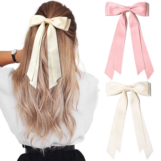 Picture of 2PCS Silky Satin Hair Bows Hair Clip Beige Pink Hair Ribbon Ponytail Holder Accessories Slides Metal Clips Hair Bow for Women Girls Toddlers Teens Kids