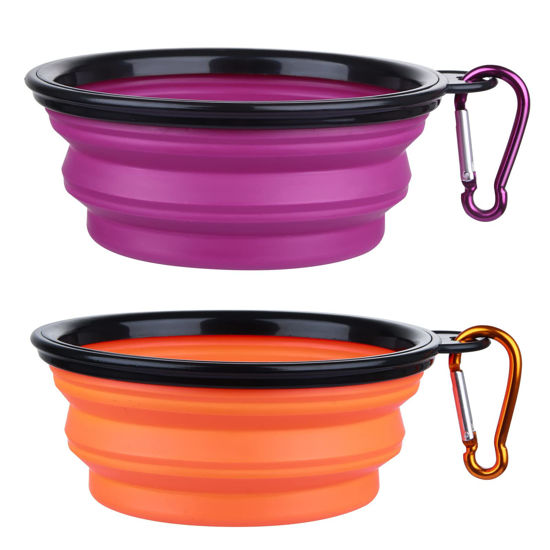 Picture of Dog Bowl Pet Collapsible Bowls, 2 Pack Collapsible Dog Water Bowls for Cats Dogs, Portable Pet Feeding Watering Dish for Walking Parking Traveling with 2 Carabiners (Small, Orange+Purple)