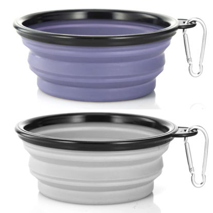 Picture of Dog Bowl Pet Collapsible Bowls, 2 Pack Collapsible Dog Water Bowls for Cats Dogs, Portable Pet Feeding Watering Dish for Walking Parking Traveling with 2 Carabiners (Small, Purple & Concrete Gray)