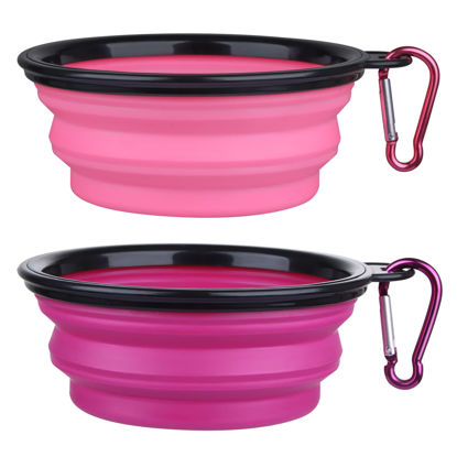 Picture of Dog Bowl Pet Collapsible Bowls, 2 Pack Collapsible Dog Water Bowls for Cats Dogs, Portable Pet Feeding Watering Dish for Walking Parking Traveling with 2 Carabiners (Small, Pink+Purple)