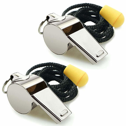 Picture of Hipat Whistle, 2 Pack Stainless Steel Sports Whistles with Lanyard, Loud Crisp Sound Whistles Great for Coaches, Referees, and Officials (Silver(Stainless Steel))