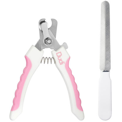 Picture of Dudi Pet Cat Nail Clippers and Nail File - Cat Nail Trimmers with Lock Guard - Razor Sharp Grooming Clipper Trimmer Blades for All Breed Sizes - White Pink - Small