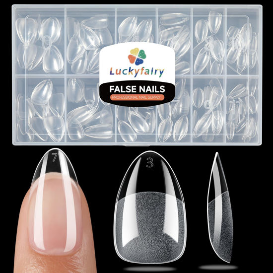 Picture of Short Almond Nail Tips, 240pcs Soft Gel X Nail Tips Pre-Shaped Acrylic Fake Nails, Half Matte Full Cover Clear Gelly Press on Flase Nail Tips for Extension Nail Manicure Home DIY 12 Sizes Gelly Tips