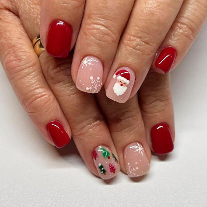 Picture of 24Pcs Christmas Press on Nails Short Square Fake Nails with Snowflakes Santa Claus Design Glossy False Nails Cute Christmas Nails Acrylic Nails Full Cover Glue on Nails Stick on Nails for Women