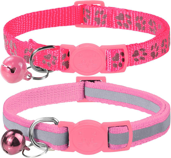 Picture of Taglory Reflective Cat Collar Breakaway with Bells, 2 Pack Girl Boy Pet Cat Collar Adjustable 7.5-12.5 Inch, Pink