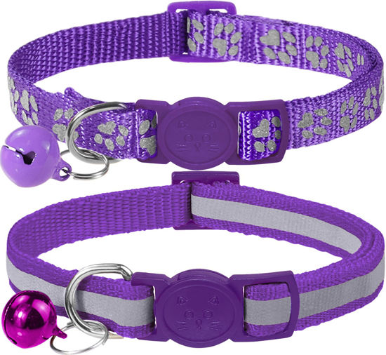 Picture of Taglory Reflective Cat Collar Breakaway with Bells, 2 Pack Girl Boy Pet Cat Collar Adjustable 7.5-12.5 Inch, Purple