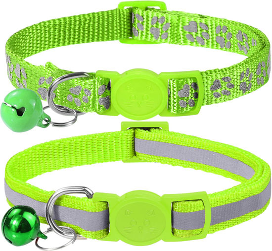 Picture of Taglory Reflective Cat Collar Breakaway with Bells, 2 Pack Girl Boy Pet Cat Collar Adjustable 7.5-12.5 Inch, Green