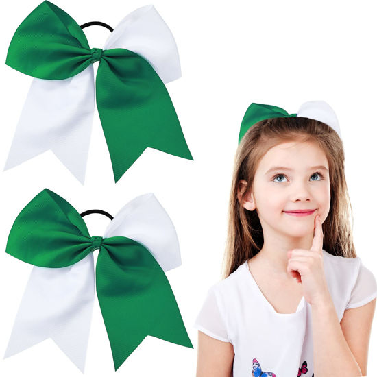 Picture of 2 Packs Jumbo Cheerleading Bow 8 Inch Cheer Hair Bows Large Cheerleading Hair Bows with Ponytail Holder for Teen Girls Softball Cheerleader Outfit Uniform (White and Green)