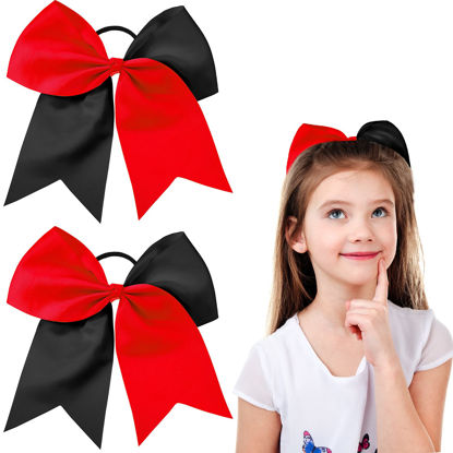 Picture of 2 Packs Jumbo Cheerleading Bow 8 Inch Cheer Hair Bows Large Cheerleading Hair Bows with Ponytail Holder for Teen Girls Softball Cheerleader Outfit Uniform (Red and Black)