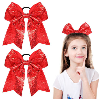 Picture of 2 Packs Jumbo Cheerleading Bow 8 Inch Cheer Hair Bows Large Cheerleading Hair Bows with Ponytail Holder for Teen Girls Softball Cheerleader Outfit Uniform (Sequin Red) 1