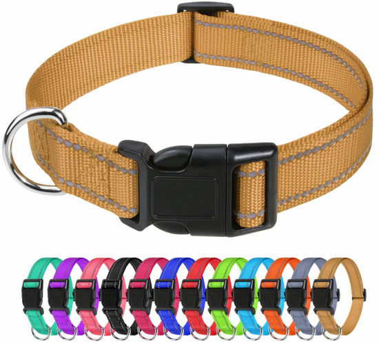 Picture of TagME Reflective Nylon Dog Collars, Adjustable Classic Dog Collar with Quick Release Buckle for Extra Small Dogs, Khaki, 5/8" Width