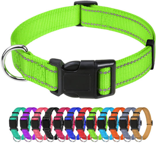 Picture of TagME Reflective Nylon Dog Collars, Adjustable Classic Dog Collar with Quick Release Buckle for Extra Small Dogs, Green, 5/8" Width