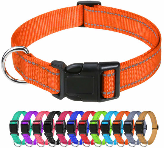 Picture of TagME Reflective Nylon Dog Collars, Adjustable Classic Dog Collar with Quick Release Buckle for Small Dogs, Orange, 3/4" Width