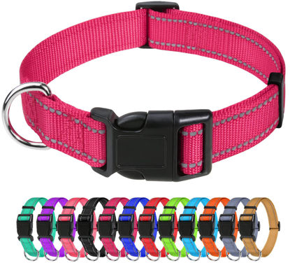 Picture of TagME Reflective Nylon Dog Collars, Adjustable Classic Dog Collar with Quick Release Buckle for Small Dogs, Hot Pink, 3/4" Width