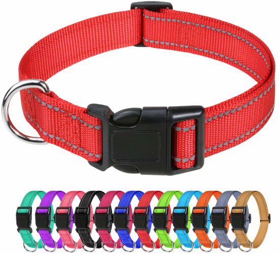 Picture of TagME Reflective Nylon Dog Collars, Adjustable Classic Dog Collar with Quick Release Buckle for Small Dogs, Red, 3/4" Width