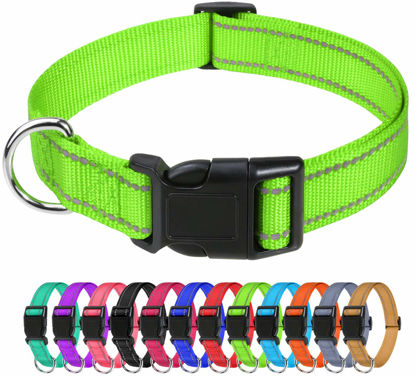 Picture of TagME Reflective Nylon Dog Collars, Adjustable Classic Dog Collar with Quick Release Buckle for Small Dogs, Green, 3/4" Width