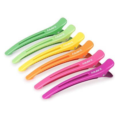 Picture of AIMIKE Hair Styling Accessories - 6pcs No-Crease Duck Bill Clips with Silicone Band for Sectioning, Roller, Cutting and Salon Use in Neon Colors