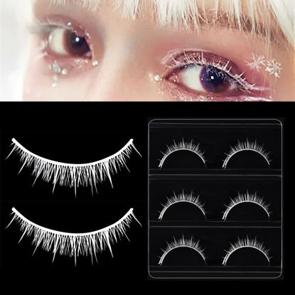 Picture of outopen 3 Pairs White Bottom Lashes Cosplay Lower White False Eyelashes, Reusable Natural Wispy Fluffy False Lashes for Halloween Cosplay Masquerade Party Eye Makeup Tools