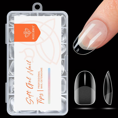 Picture of modelones Short Oval Nail Tips, Pre-shaped Round Full Cover Fake Nails Soft Gel Acrylic Nail Tips Nail Extension False Gel x Nail Kit 216PCS 12Sizes