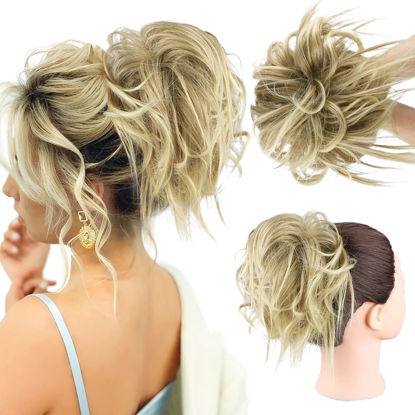 Picture of HMD Tousled Updo Messy Bun Hair Piece Hair Extension Ponytail With Elastic Rubber Band Updo Extensions Hairpiece Synthetic Hair Extensions Scrunchies Ponytail Hairpieces for Women (Tousled Updo Bun, Light Blonde Mix Brown Red)